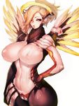  1girl blonde_hair blue_eyes breasts covered_nipples curvy fumio_(rsqkr) highres large_breasts mercy_(overwatch) one_eye_closed overwatch short_hair simple_background smile solo white_background wide_hips 
