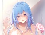 1girl :d artist_request bangs blue_eyes blue_hair blush breasts cleavage collarbone emori_miku emori_miku_project holding large_breasts long_hair looking_at_viewer nude open_mouth showering smile soap_bubbles solo sponge very_long_hair wet 