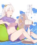  1girl ahoge anastasia_(fate/grand_order) bean_bag_chair breasts closed_eyes commentary_request earrings electric_fan fate/grand_order fate_(series) hair_between_eyes hair_ribbon highres jewelry large_breasts long_hair mitsurugi_sugar purple_shirt purple_shorts ribbon shirt shirt_lift shorts silver_hair sitting solo sweat translated underboob yellow_ribbon 