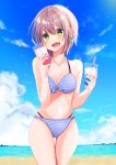  1girl absurdres arms_up beach bikini blue_bikini blue_sky breasts cleavage cloud collarbone commentary_request cowboy_shot cup dangle_earrings day disposable_cup drinking_straw earrings eyebrows_visible_through_hair fingernails front-tie_bikini front-tie_top green_eyes hair_between_eyes head_tilt highres holding holding_cup horizon jewelry large_breasts layered_bikini looking_at_viewer nail_polish ocean open_mouth original outdoors purple_hair red_nails shigure0730 short_hair sky solo standing striped striped_bikini swimsuit teeth thigh_gap 