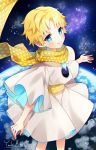 1boy baggy_clothes bangs blonde_hair blue_eyes blush bright_pupils fate/grand_order fate/requiem fate_(series) male_focus parted_bangs planet scarf sky smile solo space star_(sky) starry_sky voyager_(fate/requiem) yellow_scarf yuuhi_mika 
