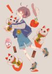  ! 1girl absurdres ahoge bandaid bandaid_on_leg bandaid_on_nose baseball_cap brown_hair flower-shaped_pupils grey_background hat headwear_removed highres holding jacket maneki-neko multicolored_footwear open_clothes open_jacket original overalls piggy_bank shoes short_hair simple_background sneakers socks solo sorata123 tripping two-tone_jacket yellow_eyes 