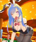  1girl ahoge animal_ears azur_lane bangs bare_shoulders black_leotard blue_hair blush bow bowtie breasts bunny_ears bunny_girl bunny_tail bunnysuit card card_in_mouth casino casino_card_table cleavage collarbone commentary detached_collar eyebrows_visible_through_hair fake_animal_ears gambling hair_between_eyes hair_ornament hairclip helena_(azur_lane) highres kneeling large_breasts leotard long_hair looking_at_viewer mouth_hold pantyhose playing_card poker poker_chip poker_table purple_eyes sidelocks solo strapless strapless_leotard tail thighband_pantyhose trading_card vayneeeee very_long_hair wrist_cuffs 