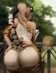  anthro big_butt blonde_hair butt clothed clothing felid female fur hair hand_on_butt hi_res honovy human human_to_anthro mammal orange_body orange_fur outside pantherine pants_down partially_clothed phone ponytail raised_tail shirt solo species_transformation striped_body striped_fur stripes tank_top tiger topwear transformation white_body white_fur 