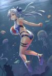  1girl absurdres ass ball beachball blue_bow blue_swimsuit bow breasts commentary_request competition_swimsuit fate/grand_order fate_(series) fish hair_bow highres jellyfish long_hair looking_at_viewer looking_back medium_breasts multicolored multicolored_clothes multicolored_swimsuit one-piece_swimsuit red_eyes sandals satsuki_(swkerc) silver_hair smile solo swimsuit thigh_strap tomoe_gozen_(fate/grand_order) tomoe_gozen_(swimsuit_saber)_(fate) underwater white_swimsuit 