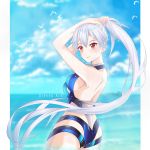  1girl absurdres adjusting_hair artist_name bird blue_sky blue_swimsuit blush border breasts cloud day fate/grand_order fate_(series) hair_between_eyes highleg highleg_swimsuit highres long_hair looking_at_viewer looking_to_the_side medium_breasts ocean one-piece_swimsuit oreven partially_submerged ponytail red_eyes sideboob silver_hair sky smile solo standing swimsuit tomoe_gozen_(fate/grand_order) tomoe_gozen_(swimsuit_saber)_(fate) very_long_hair water white_border 