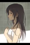  1girl bangs bare_arms bare_shoulders black_hair blush breasts closed_mouth eyebrows_visible_through_hair from_side green_eyes hair_between_eyes hand_up highres jchoy letterboxed long_hair looking_at_viewer looking_to_the_side naked_towel original profile small_breasts solo tile_wall tiles towel upper_body 