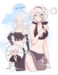  1boy 2girls ? android bikini black_hairband blush breasts dinikee flower_ornament grey_hair hairband highres looking_at_viewer medium_breasts mole mole_under_mouth multiple_girls navel nier_(series) nier_automata no_blindfold nose_blush sarong short_hair shy silver_hair spoken_question_mark stomach surprised swimsuit white_hair yorha_no._2_type_b yorha_no._9_type_s yorha_type_a_no._2 