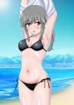  1girl absurdres beach bikini black_bikini blue_sky breasts brown_eyes cowboy_shot day grey_hair highres kantai_collection landscape long_hair looking_at_viewer mountain noppo-san ocean outdoors side-tie_bikini sky small_breasts solo standing swimsuit undressing usugumo_(kantai_collection) water 