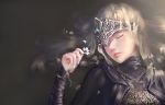  1girl blonde_hair cape capelet cloak closed_eyes dark_souls dark_souls_iii dress fire_keeper flower highres holding holding_flower jewelry lips long_hair lying mask nhan on_back parted_lips solo souls_(from_software) upper_body 