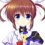  1girl bangs blue_eyes brown_hair closed_mouth commentary endori eyebrows_visible_through_hair hair_ribbon high_collar jacket looking_at_viewer lyrical_nanoha magical_girl mahou_shoujo_lyrical_nanoha mahou_shoujo_lyrical_nanoha_detonation portrait puffy_sleeves ribbon short_hair short_twintails sidelocks simple_background smile solo takamachi_nanoha twintails white_background white_jacket white_ribbon 