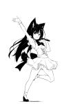  1girl :d animal_ears arm_up armpits bangs bare_shoulders blush bow breasts fox_ears fox_girl fox_tail frilled_skirt frills full_body hair_between_eyes hand_up high_heels highres holding holding_microphone long_hair microphone monochrome open_mouth original pleated_skirt scrunchie shadow shirt shoes skirt sleeveless sleeveless_shirt small_breasts smile solo standing standing_on_one_leg tail tenjou_ryuka very_long_hair white_background wrist_scrunchie 