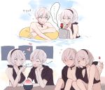  1boy 1girl android bikini black_hairband blush couple dinikee feeding hairband highres innertube mole nier_(series) nier_automata no_blindfold pod_(nier_automata) shaved_ice shy swimming swimsuit white_hair yorha_no._2_type_b yorha_no._9_type_s 