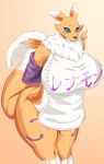  anthro apron apron_only big_breasts black_sclera blue_eyes breasts canid canine chubby_female clothing digimon digimon_(species) female fluffy fluffy_tail fox gloves handwear lemonbizate_(artist) looking_at_viewer mammal mostly_nude neck_tuft renamon simple_background solo text thick_thighs translated tuft video_games 