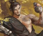  1boy bara beard black_hair brown_eyes chest et.m facial_hair full_body gloves gun handgun hanzo_(overwatch) hat holding in_tree long_hair looking_at_another male_focus manly muscle nipples outdoors overwatch pectorals ponytail sitting sitting_in_tree smile tattoo tree weapon 