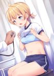  /\/\/\ 1girl ahoge blonde_hair blue_bra blue_eyes blue_shorts blush bra breasts examination fang gym_uniform highres kanabun lifted_by_self navel open_mouth original shirt shirt_lift short_hair short_twintails shorts sitting skin_fang small_breasts stethoscope twintails underwear white_shirt 