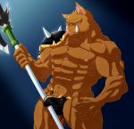  abs absurd_res anthro biceps black_clothing broken_(artist) bulge clothed clothing fur hi_res holding_object holding_weapon looking_at_viewer male mammal muscular muscular_male nipples pecs shoulder_guard solo suid suina sus_(pig) tusks weapon wild_boar 