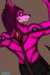  2:3 absurd_res anthro back_muscles canid canine canis cybernetics cyborg dream_sq endoskeleton hi_res looking_at_viewer looking_back machine male mammal muscular muscular_male pink_body red_eyes sharp_teeth simple_background smile teeth wolf 