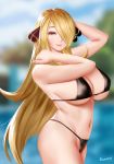  1girl arm_behind_head arm_up artist_name bare_shoulders bikini black_bikini blonde_hair blurry blurry_background breasts brown_eyes cleavage closed_mouth cowboy_shot day depth_of_field easonx hair_ornament hair_over_one_eye highres large_breasts long_hair mature navel outdoors pink_lips pokemon pokemon_(game) pokemon_dppt shirona_(pokemon) smile solo straight_hair swimsuit underboob very_long_hair 