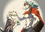 2020 abs anthro biceps blue_body blue_eyes blue_fur blue_hair bovid brand_new_animal canid canine canis caprine clothed clothing fur group hair male mammal muscular muscular_anthro shirou_ogami simple_background sky_(artist) studio_trigger wolf 