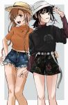  2girls absurdres alternate_costume belt black_blouse black_shirt black_shorts blouse blue_shorts braid brown_hair casual commentary_request cutoffs denim denim_shorts floral_print grey_eyes hair_flaps hat hatsuzuki_(kantai_collection) highres kantai_collection layered_shirt light_brown_hair long_hair multiple_girls open_mouth orange_sweater shirt short_hair short_sleeves shorts straw_hat sweater teruzuki_(kantai_collection) twin_braids upper_teeth white_belt white_headwear yellow_eyes zippo_teifujou 