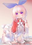  all_fours arm_up artist_name blonde_hair blush bunny_tail capelet dress hibari_hina highres long_hair looking_at_viewer original pink_background pink_eyes red_capelet ribbon see-through simple_background tail thighhighs thighs very_long_hair white_dress wrist_cuffs 