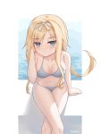  1girl absurdres alice_schuberg arm_support bangs bikini blonde_hair blue_eyes braid breasts cleavage collarbone commentary_request hairband hand_in_hair highres long_hair looking_at_viewer navel pangbai_666 sitting solo swimsuit sword_art_online very_long_hair wet white_hairband 