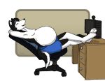  alpha_channel anthro bottomwear canid canine canis chair clothed clothing computer dashraptor desk digitigrade domestic_dog furniture husky male male_pregnancy mammal nordic_sled_dog office_chair pregnant reclining shorts sitting solo spitz topless 