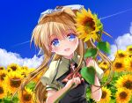  1girl :d air asahina_yori bangs black_dress blonde_hair blue_eyes blue_sky cloud condensation_trail day dress eyebrows_visible_through_hair flower hair_intakes hair_ribbon highres holding holding_flower kamio_misuzu key_(company) leaf long_hair looking_at_viewer open_mouth outdoors ribbon school_uniform shirt sky smile solo sunflower upper_body white_ribbon yellow_shirt 