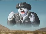  anthro canid canine canis clothing cowboy cowboy_hat cowboy_outfit fur hat headgear headwear horkeukamui humor low_res male mammal open_mouth solo teeth tigerlukke tongue wolf 