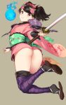  1girl 92m armor ass bangs black_hair blush breasts brown_eyes comb floral_print flower hair_flower hair_ornament highres hitodama japanese_armor japanese_clothes katana kimono kote legs long_sleeves looking_at_viewer medium_hair momohime obi oboro_muramasa pink_kimono purple_legwear sandals sash short_kimono shoulder_armor small_breasts sode sword thighhighs weapon wide_sleeves 