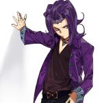  1boy belt belt_buckle blue_eyes buckle closed_mouth collarbone eyebrows_visible_through_hair eyes_visible_through_hair hand_on_wall jacket jewelry kamishiro_ryouga male_focus necklace open_clothes open_jacket pako pinky_ring purple_hair purple_jacket ring sketch solo yuu-gi-ou yuu-gi-ou_zexal 