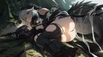  1girl arknights ass bare_shoulders black_legwear boots breasts commentary_request crocodilian_tail diaodiao gloves green_hair grey_hair highres long_hair looking_at_viewer lying multicolored_hair partly_fingerless_gloves pointy_ears skindentation small_breasts solo tail thigh_boots thighhighs tomimi_(arknights) torn_clothes torn_legwear two-tone_hair yellow_eyes 