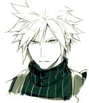 1boy armor bare_shoulders closed_mouth cloud_strife earrings ears_visible_through_hair face final_fantasy final_fantasy_vii final_fantasy_vii_remake frown green_eyes hair_between_eyes highres jewelry kyo_(kuroichigo) male_focus monochrome pauldrons shoulder_armor simple_background single_pauldron sketch solo spiked_hair turtleneck upper_body white_background 