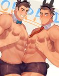  2boys abs animal_ears bara black_hair bow bowtie boxer_briefs bulge bunny_boy chest clone facial_hair fake_animal_ears goatee highres kihane_atsusane male_focus male_underwear manly master_3_(tokyo_houkago_summoners) multiple_boys muscle navel nipples pectoral_docking pectoral_press pectorals shirtless short_hair sideburns thick_thighs thighs tokyo_houkago_summoners underwear upper_body 