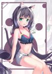  1girl :d animal_ear_fluff animal_ears bangs bare_arms bare_shoulders bikini bikini_under_clothes black_hair blue_bikini bow breasts cat_ears cat_girl cat_tail commentary_request eyebrows_visible_through_hair fang feet_out_of_frame green_eyes hair_bow highres karyl_(princess_connect!) long_hair looking_at_viewer low_twintails multicolored_hair navel open_clothes open_fly open_mouth open_shorts pixiv_id princess_connect! princess_connect!_re:dive red_bow shorts signature sitting small_breasts smile solo streaked_hair swimsuit tail tail_raised teratsuki twintails twitter_username very_long_hair white_hair white_shorts 