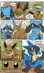  ! 3:5 absurd_res ambiguous_gender anthro baby_pok&eacute;mon blitzdrachin blush bodily_fluids brown_body brown_fur butt canid clothed clothed_feral clothing comic conditional_dnp cute_fangs dialogue dipstick_tail eevee english_text eyes_closed feral fluffy fur happy hi_res lucario mammal motion_blur motion_lines multicolored_tail nintendo nodding open_mouth paws pok&eacute;mon pok&eacute;mon_(species) pok&eacute;mon_mystery_dungeon riolu scarf speech_bubble sweat sweatdrop tailwag tears text video_games watermark 