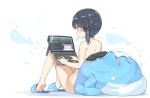  1girl bare_arms bare_legs bare_shoulders black_hair black_shorts bottomless breasts candy chinese_commentary commentary_request computer food from_behind hatsunatsu in_mouth laptop leaning_back lollipop nude original red_eyes shirt shirt_removed short_hair short_shorts shorts shorts_removed side_ponytail sitting slippers small_breasts solo stuffed_animal stuffed_toy stuffed_whale tank_top topless white_shirt 