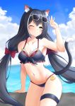  1girl ;) absurdres animal_ear_fluff animal_ears aqua_eyes arm_up armpits bangs bare_arms bare_shoulders bikini black_bikini black_hair blue_sky blush bow breasts cat_ears cat_girl cat_tail cleavage closed_mouth cloud collarbone cowboy_shot day eyewear_on_head frilled_bikini frills hair_bow highres karyl_(princess_connect!) long_hair looking_away looking_to_the_side low_twintails medium_breasts multicolored_hair navel nyanyang ocean one_eye_closed outdoors princess_connect! princess_connect!_re:dive red_bow sky smile solo stomach streaked_hair sunglasses swimsuit tail thigh_strap twintails two-tone_hair very_long_hair white-framed_eyewear white_hair 