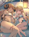  2girls ahoge anila_(granblue_fantasy) ass bangs bare_shoulders bikini blonde_hair blue_eyes blush breasts charlotta_fenia draph granblue_fantasy harvin highres horns large_breasts legs long_hair looking_at_viewer multiple_girls nuko_(mikupantu) open_mouth pointy_ears sheep_horns short_eyebrows small_breasts smile swimsuit thick_eyebrows thighs very_long_hair yellow_eyes 