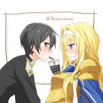  1boy 1girl alice_schuberg armor artist_name bangs bendy_straw black_eyes black_hair blonde_hair blue_eyes blush breasts bubble_tea bubble_tea_challenge commentary_request cup disposable_cup drink drinking_straw epaulettes felutiahime from_side gold_armor hairband highres kirito long_hair looking_at_another looking_at_viewer md5_mismatch open_mouth short_hair shoulder_armor sweatdrop sword_art_online sword_art_online:_alicization translated upper_body white_background white_hairband 