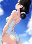  1girl ass black_hair blue_eyes blush breasts closed_mouth cloud cloudy_sky from_behind girls_und_panzer hamada_(girls_und_panzer) highres kuzuryuu_kennosuke large_breasts looking_at_viewer looking_back outdoors shiny shiny_hair shiny_skin short_hair shoulder_blades sky smile solo swimsuit swimwear white_swimsuit 