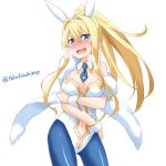  1girl alice_schuberg animal_ears artoria_pendragon_(all) artoria_pendragon_(swimsuit_ruler)_(fate) artoria_pendragon_(swimsuit_ruler)_(fate)_(cosplay) bangs bare_shoulders blonde_hair blue_eyes blue_legwear blue_neckwear blush breasts breath bunny_ears bunnysuit cleavage commentary_request cosplay cowboy_shot crossed_arms detached_collar embarrassed fate/grand_order fate_(series) felutiahime fishnet_legwear fishnets hair_between_eyes high_ponytail highleg highres large_breasts leotard long_hair looking_at_viewer navel navel_cutout necktie open_mouth pantyhose ponytail sidelocks simple_background solo strapless strapless_leotard sword_art_online twitter_username white_background white_leotard wrist_cuffs 