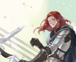  1boy armor bishounen black_cloak black_gloves bow_(weapon) cloak failnaught_(fate) fate/grand_order fate_(series) gloves harp holding holding_weapon instrument knight long_hair long_sleeves male_focus open_eyes red_hair simple_background solo_focus sword tristan_(fate/grand_order) upper_body weapon white_background yellow_eyes yepnean 