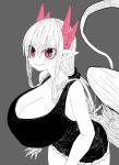  1girl :&gt; black_shorts black_tank_top breasts cleavage demon_girl demon_horns denim denim_shorts eyebrows eyebrows_visible_through_hair feathered_wings grey_background hair_between_eyes highres horns juugoya_(zyugoya) limited_palette long_hair lorem_(musuko_ga_kawaikute_shikatanai_mazoku_no_hahaoya) low_wings mature monochrome musuko_ga_kawaikute_shikatanai_mazoku_no_hahaoya pink_eyes pink_horns pointy_ears shorts smile spot_color tank_top tied_hair white_hair white_skin white_wings wings 