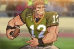  1boy animal_ears bangs bara brk_603 brown_hair chest facial_hair forked_eyebrows glowing_horns goatee highres horns male_focus manly muscle pectorals rugby_ball rugby_uniform short_hair sideburns smile solo sportswear thick_eyebrows tokyo_houkago_summoners upper_body wakan_tanka 