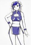  1girl bracelet breasts bun_cover china_dress chinese_clothes chun-li closed_mouth double_bun dress highres jewelry looking_at_viewer monochrome short_hair simple_background smile solo standing street_fighter street_fighter_ii_(series) ueyama_michirou white_background 