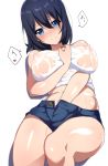  bangs belly black_hair blue_eyes blush breasts character_request copyright_request hair_between_eyes hand_under_clothes hand_under_shorts heart highres large_breasts looking_at_viewer midriff nipples see-through short_hair shorts spoken_heart thighs unbuttoned vright_leftv wet wet_clothes 