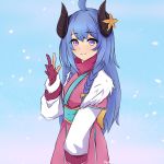  1girl absurdres ahoge alternate_costume alternate_eye_color alternate_hair_color alternate_hairstyle blue_hair curled_horns fingerless_gloves flower fur gloves hair_between_eyes hair_flower hair_ornament highres horns japanese_clothes kindred lamb_(league_of_legends) league_of_legends long_hair looking_at_viewer partly_fingerless_gloves purple_eyes ribbon simple_background smile spirit_blossom_kindred twintails user_cejc2328 waving_arms white_fur 