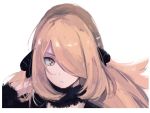  1girl black_coat blonde_hair closed_mouth coat commentary fur_collar hair_ornament hair_over_one_eye hand_up highres long_hair long_sleeves looking_to_the_side melon_syrup pokemon pokemon_(game) pokemon_dppt portrait shirona_(pokemon) solo white_background yellow_eyes 